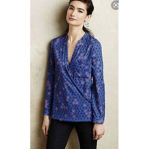 MAEVE Anthropologie Eva Wrap Novelty Print High-Low  Pocket Blouse Size 0